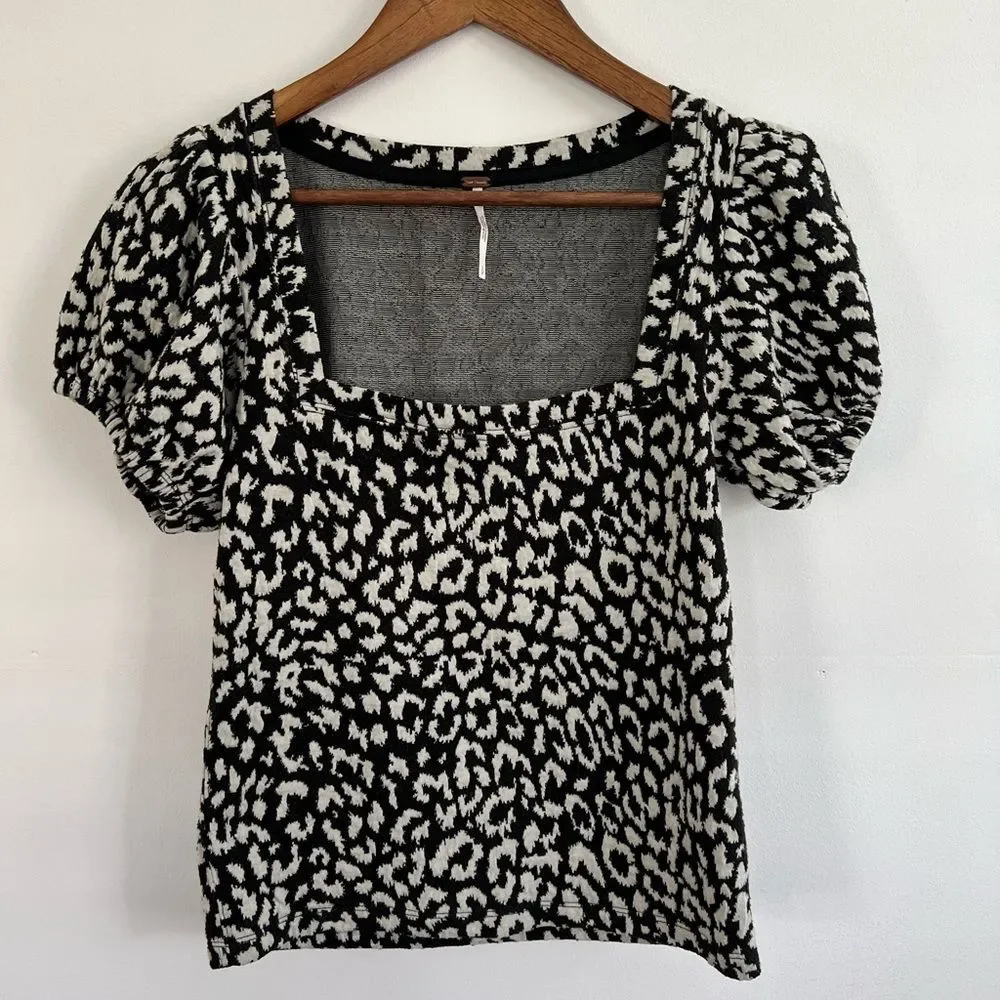 Free People No Type Leopard Print Square Neck Puff Sleeve Top Women's Small